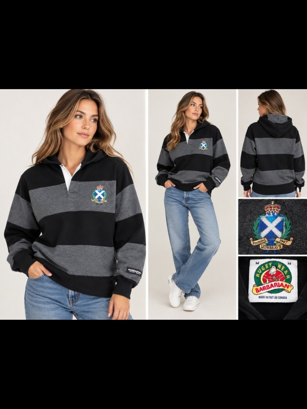 Vintage 90s Barbarian Rugby Wear Scotland Hooded Rugby Shirt Made in Canada M